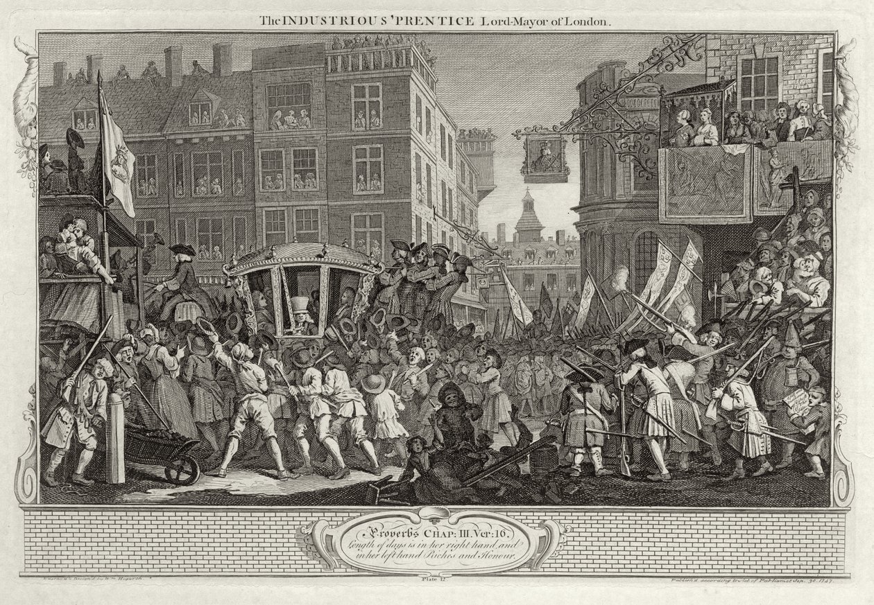 A szorgalmas „Prentice Lord Mayor of London”, „Ipar és tétlenség” XII. táblája, 1833-ban alkotó: William Hogarth