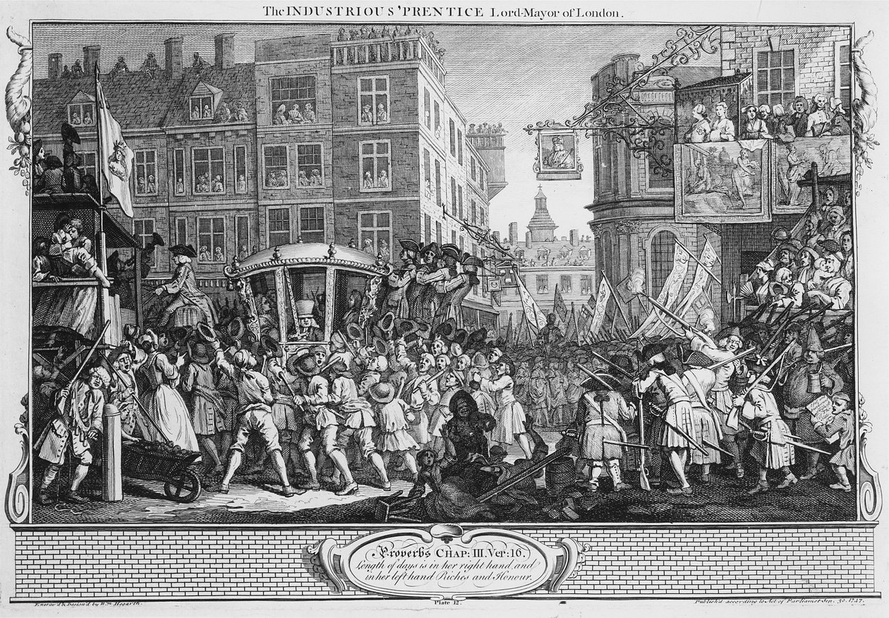 A szorgalmas „Prentice Lord Mayor of London, az „Ipar és tétlenség” XII. alkotó: William Hogarth