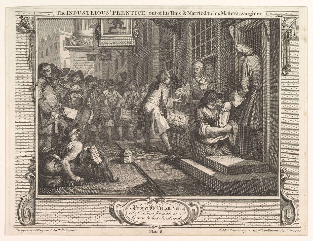 A szorgalmas Prentice kijárt az idejében, és feleségül vette mesterének lányát..., 1747. szeptember 30. alkotó: William Hogarth