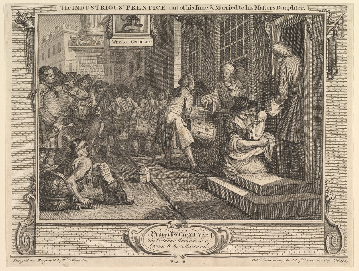 A szorgalmas Prentice kijárt az idejében, és feleségül vette mesterének lányát..., 1747. szeptember 30. alkotó: William Hogarth