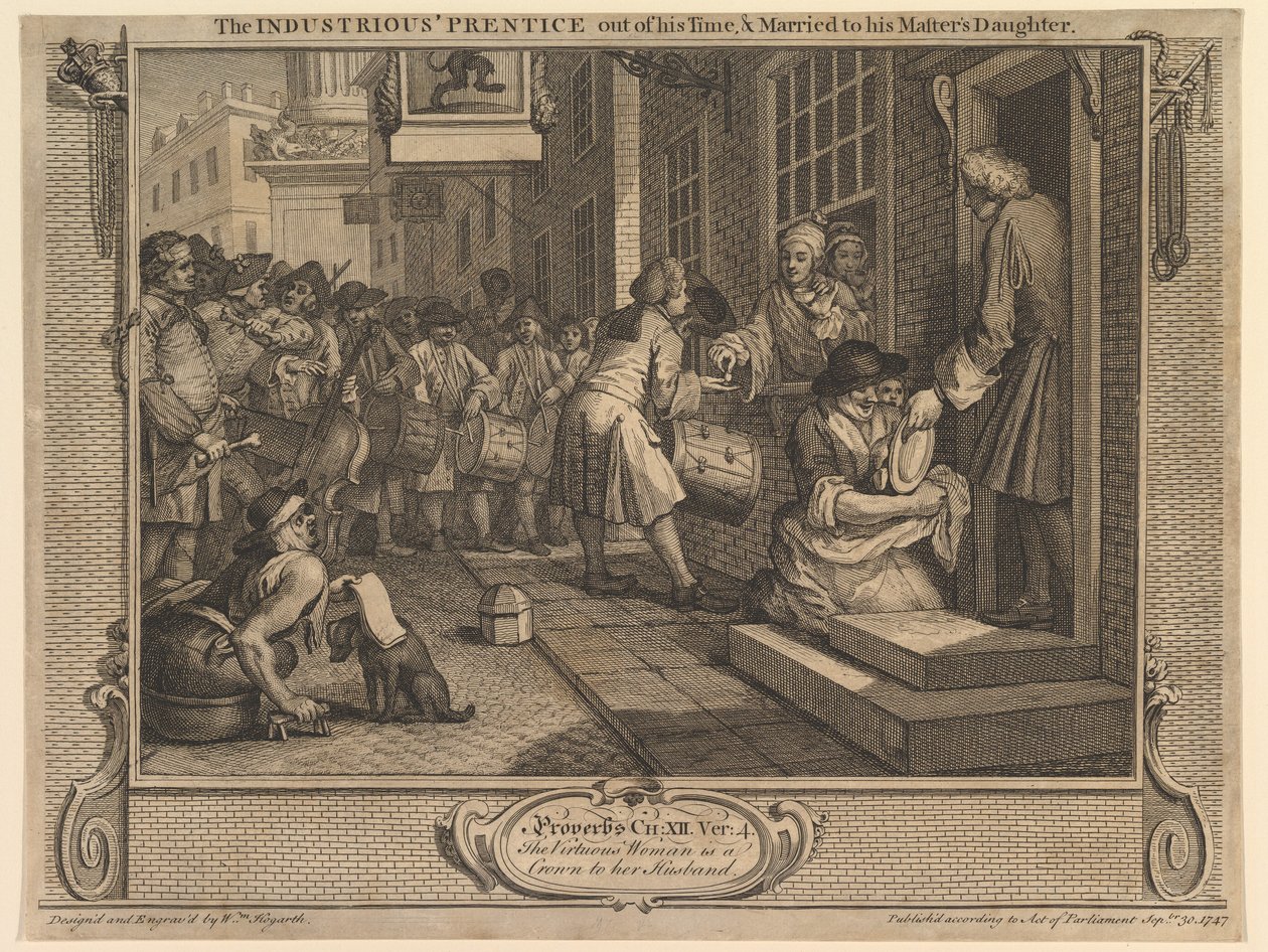 A szorgalmas inas letöltötte tanulóidejét és feleségül vette mestere lányát: Szorgalom és tétlenség, 6. tábla alkotó: William Hogarth