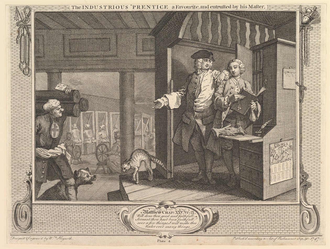 A szorgalmas prentice kedvence, és mestere megbízta: Ipar ..., 1747. szeptember 30. alkotó: William Hogarth