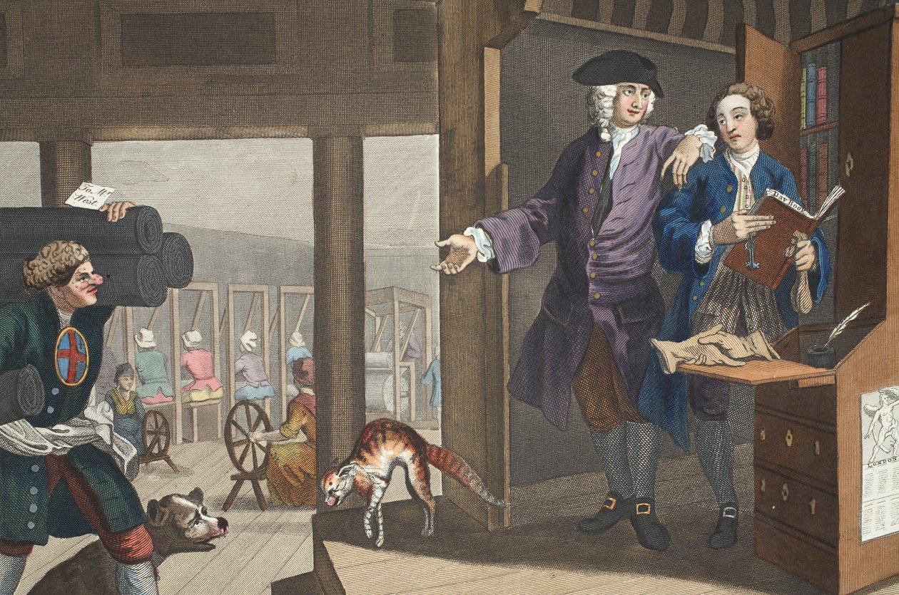 A szorgalmas „Kedvenc tanítvány, és mestere megbízta”, „Ipar és tétlenség” IV. lemeze, illusztráció a „Hogarth Restored: The Whole Works of the híres William Hogarth, re-engra” című könyvből alkotó: William Hogarth