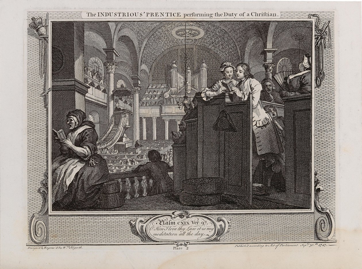 A szorgalmas pap, aki a keresztény kötelességét teljesíti. Ipar és tétlenség sorozat, 1747. alkotó: William Hogarth