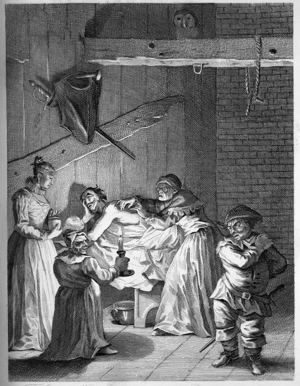 A fogadó felesége és lánya gondoskodik a Donról, miután megverték és megrongálták alkotó: William Hogarth