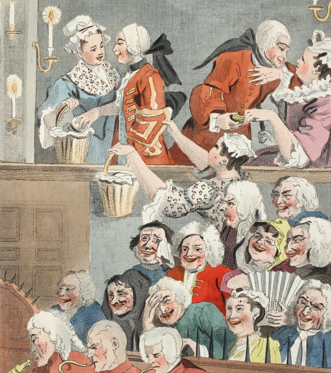 The Laughing Audience, illusztráció a „Hogarth Restored: The Whole Works of the híres William Hogarth, újrametszette Thomas Cook”, pub. 1812 (kézzel színezett metszet) alkotó: William Hogarth