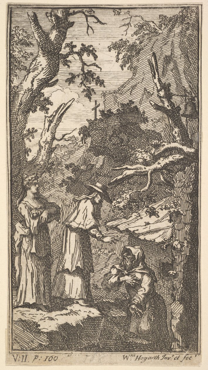Az új metamorfózis, 7. tábla: A bíboros, egy remete és Donna Angela Fantáziát tartja, 1724. alkotó: William Hogarth