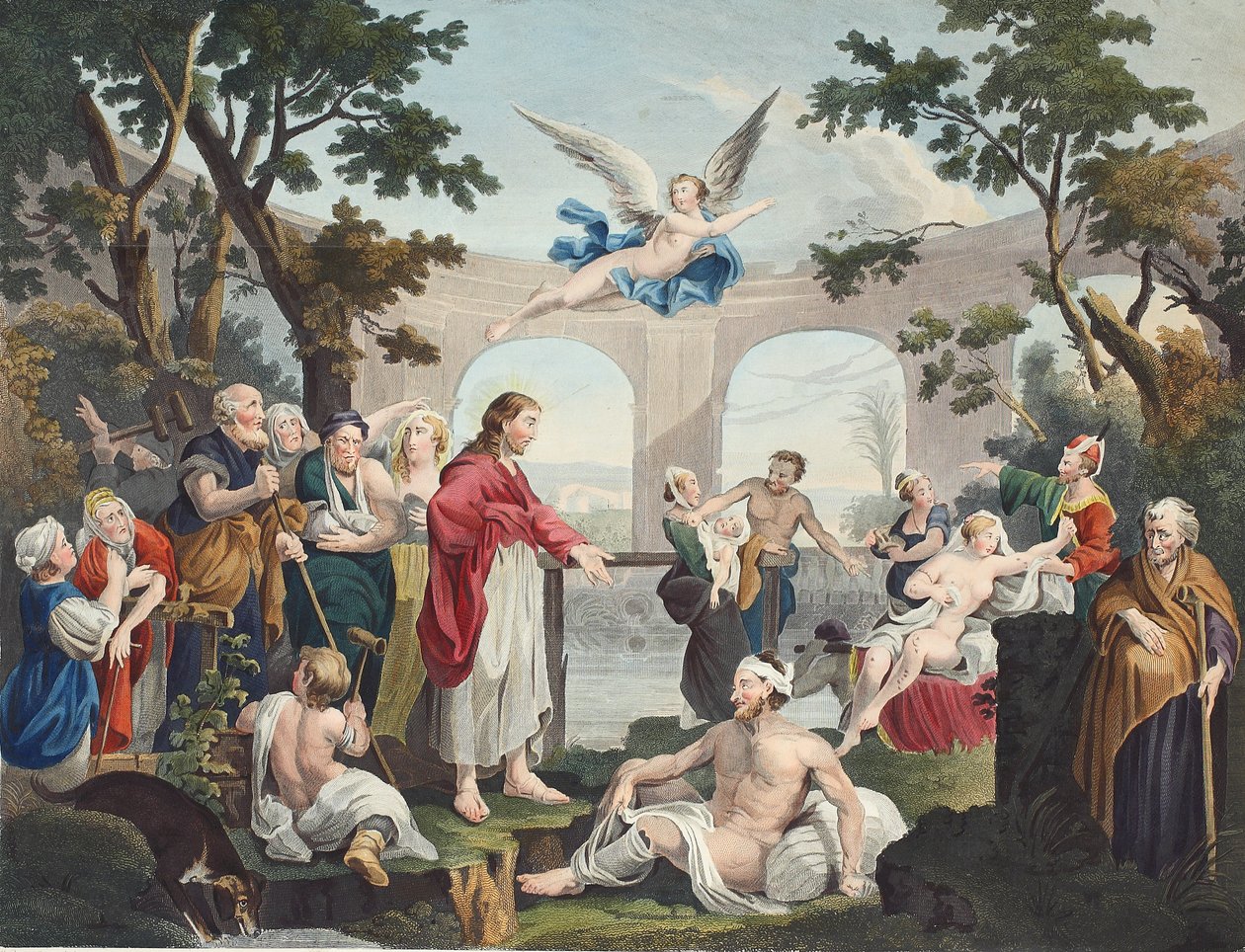 The Pool of Bethesda, illusztráció a „Hogarth Restored: The Whole Works of the híres William Hogarth, re-graves by Thomas Cook”, pub. 1812 (kézzel színezett metszet) alkotó: William Hogarth