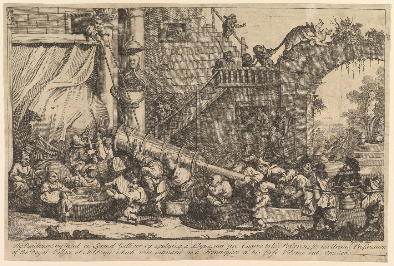 A Lemuel Gulliverre kiszabott büntetés, 1726. december. alkotó: William Hogarth