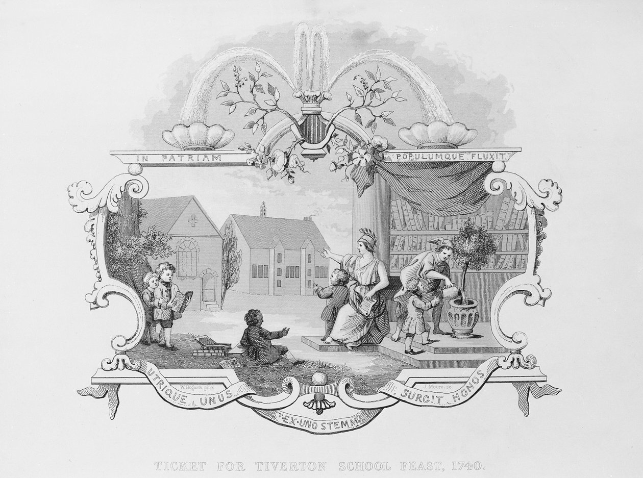 Jegy a Tiverton Iskola Ünnepére, 1740, metszett J. Moore alkotó: William Hogarth