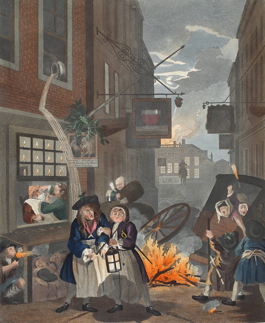 Napszak, éjszaka, illusztráció a „Hogarth Restored: The Whole Works of the híres William Hogarth, újrametszette Thomas Cook”, pub. 1812 (kézzel színezett metszet) alkotó: William Hogarth