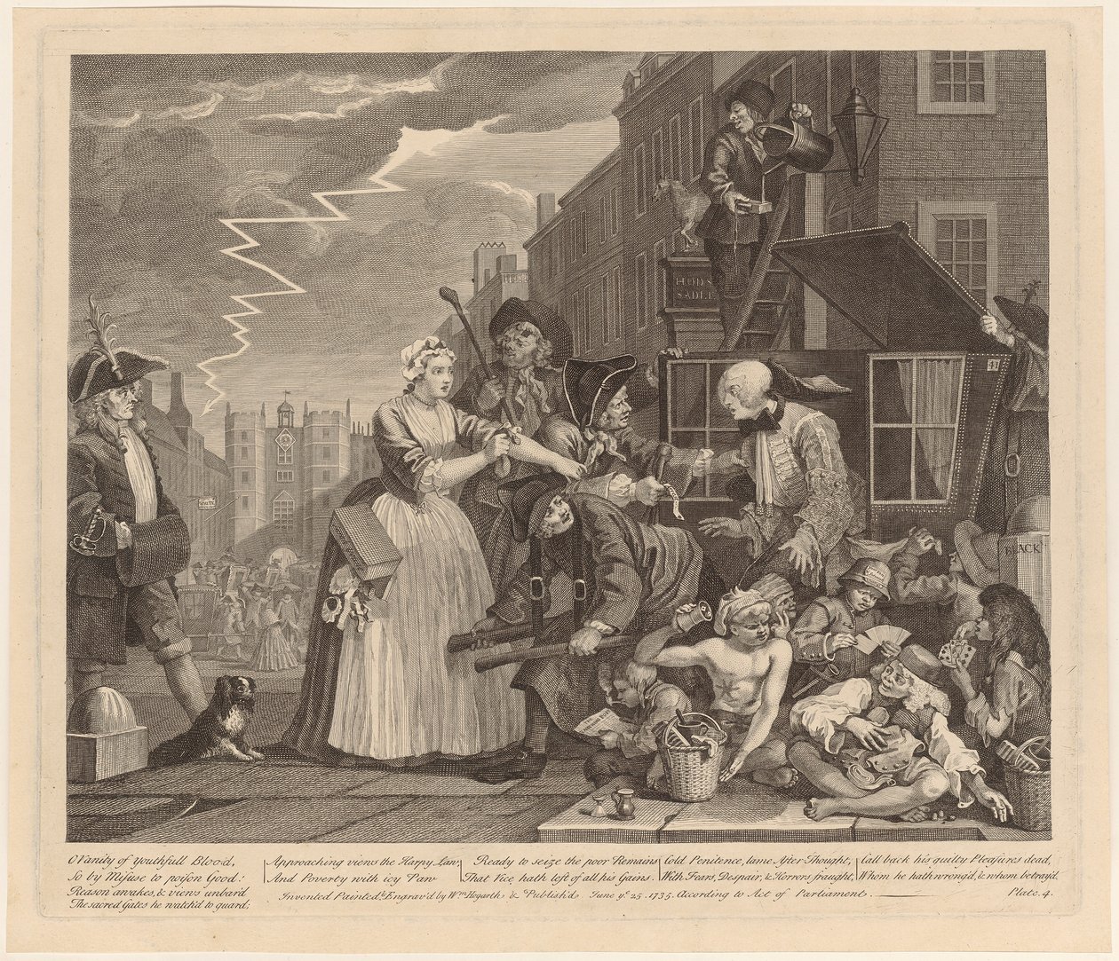 Adósság miatt letartóztatva, 4. lap a „Egy kicsapongó élete” című sorozatból alkotó: William Hogarth