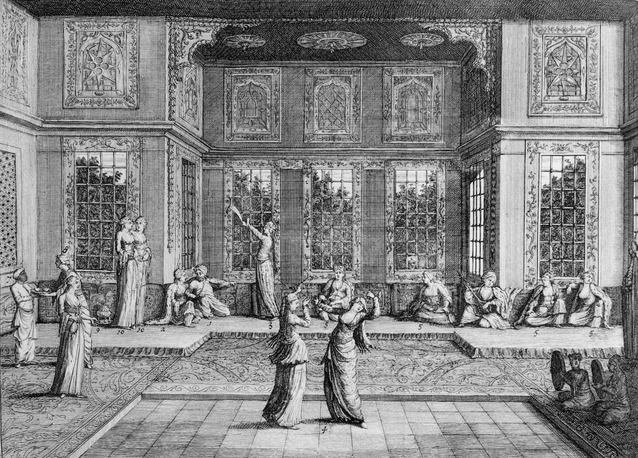 Nők táncolnak a háremben, „Sr A. de la Motraye utazásai Európában, Ázsiában és Afrikában”, 1723-ban, alkotó: William Hogarth