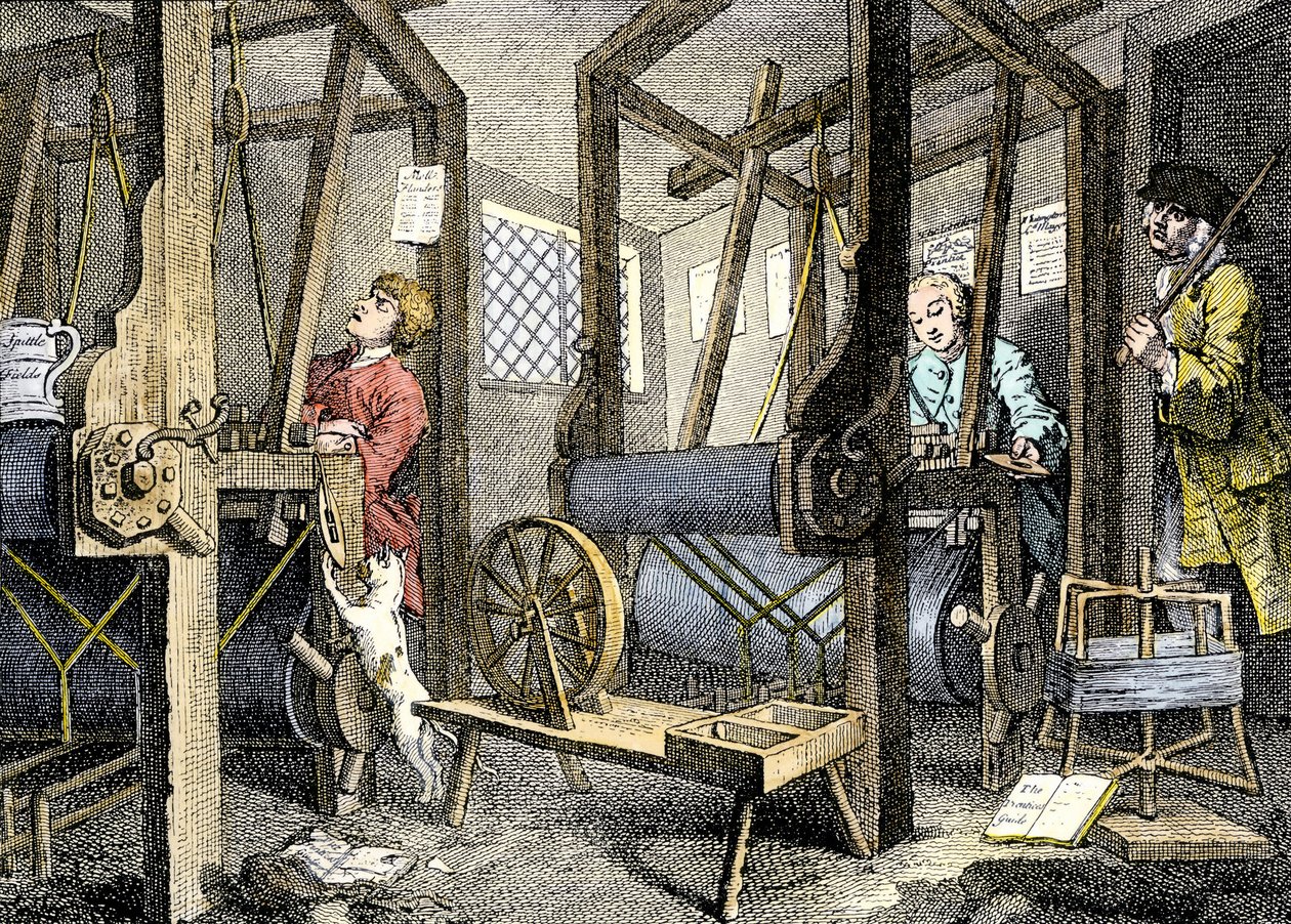 Műhely és munkás szövőanyaggal Spitalfieldsben, Angliában alkotó: William Hogarth