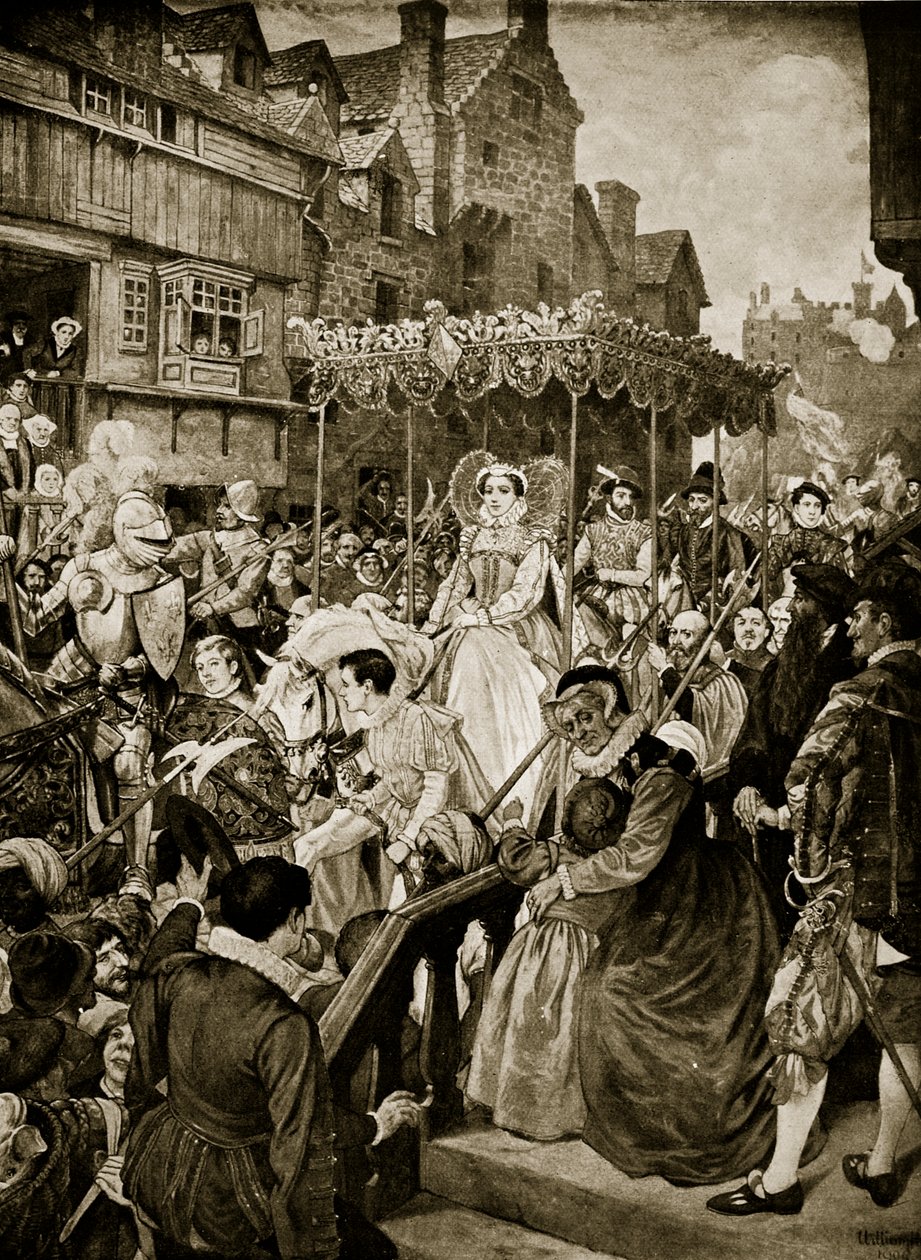 Mary Queen of Scots belép Edinburghba, 1561, illusztráció a „Hutchinson története a brit nemzetről”, 1923 körül alkotó: William Hole