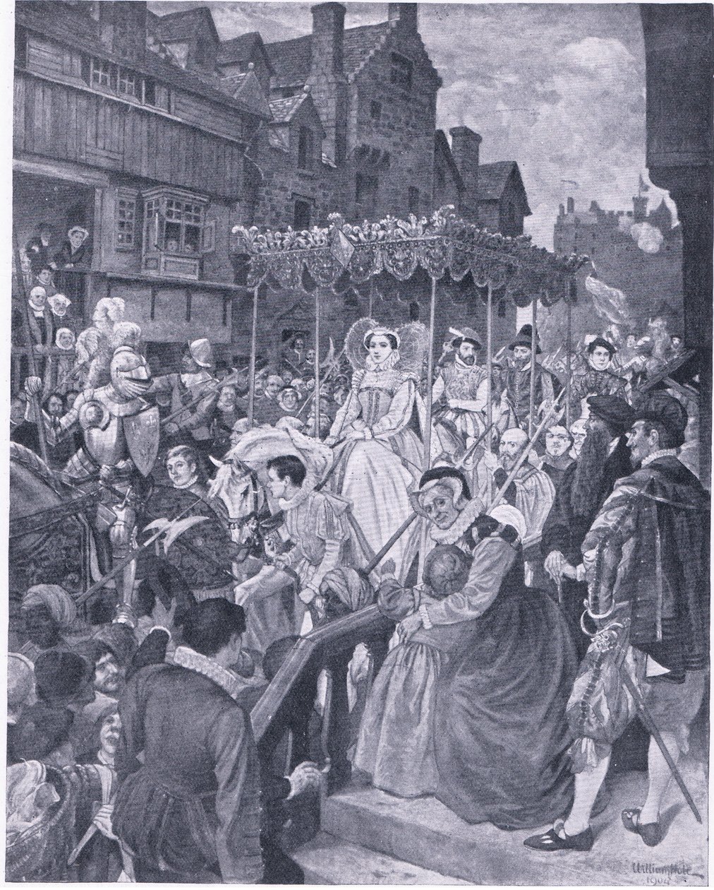 Mary Queen állam belépése Edinburghba 1561-ben, a Cassells History of the British People című könyvéből, amelyet a Waverley Book Company adott ki, az 1950-es évek körül (litho) alkotó: William Hole