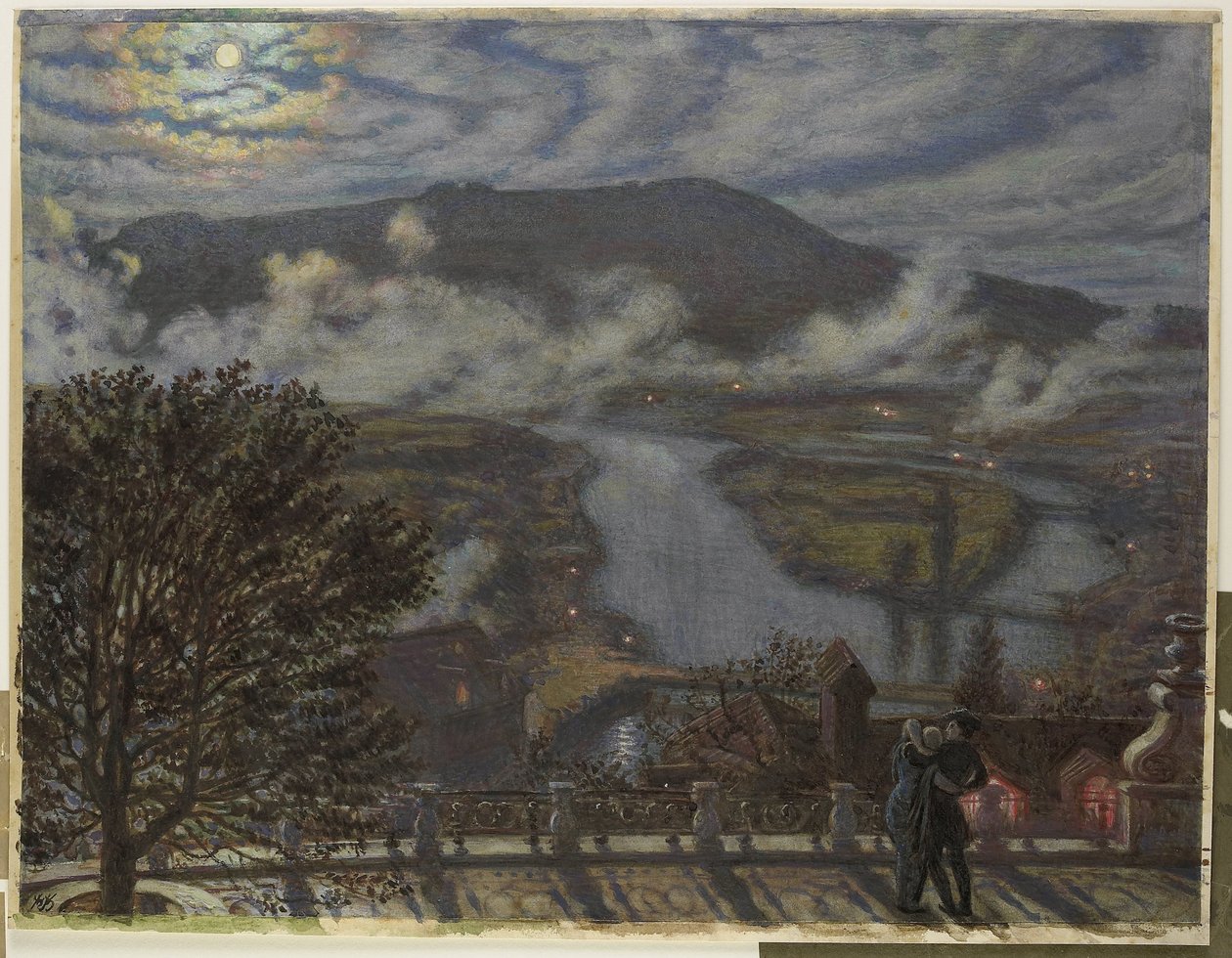 Kilátás a teraszról a folyó tájra éjjel The Terrace, Bern (cím az objektumon) alkotó: William Holman Hunt