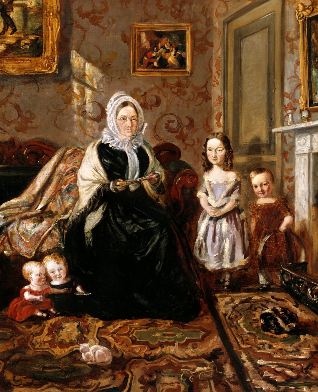 Csoportportré Henry Clark anyósáról, Mrs Daviesről és négy gyermekéről otthona szalonjában, 186 High Street, Homerton, 1846 körül alkotó: William Holman Hunt