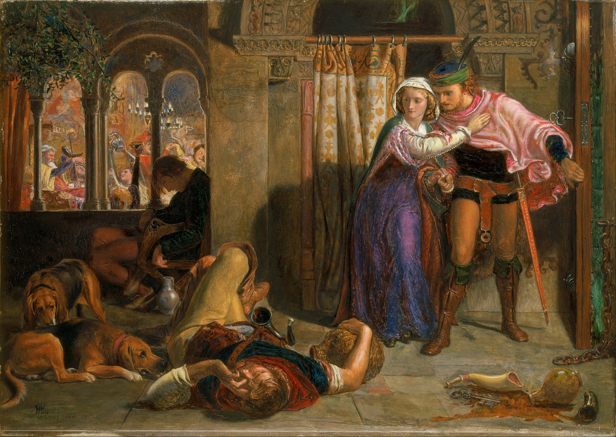Madeline és Porphyro menekülése az ünnepséget kísérő mámor idején (Szent Ágnes előestéje) alkotó: William Holman Hunt
