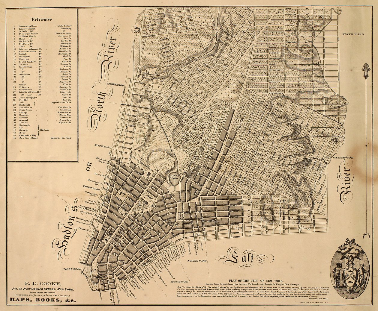 New-York város terve [az East 31st Streetig északra], 1817 (fekete tinta papíron, ronggyal alátámasztva) alkotó: William Hooker