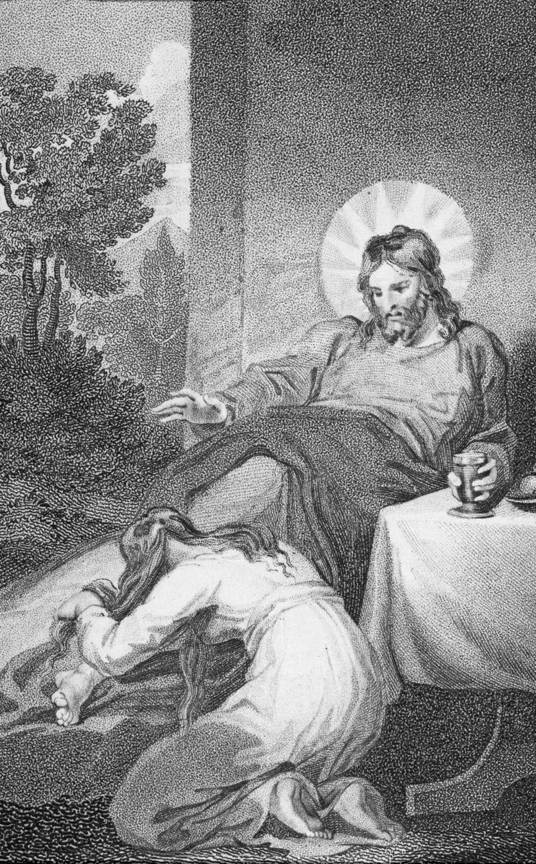 A Megváltó lábát megkenő Mária, „Boldog Urunk és Megváltónk, Jézus Krisztus története és élete”, J. Milner tiszteletes, kiadó: B. Crosby, 1808 alkotó: William Hopwood
