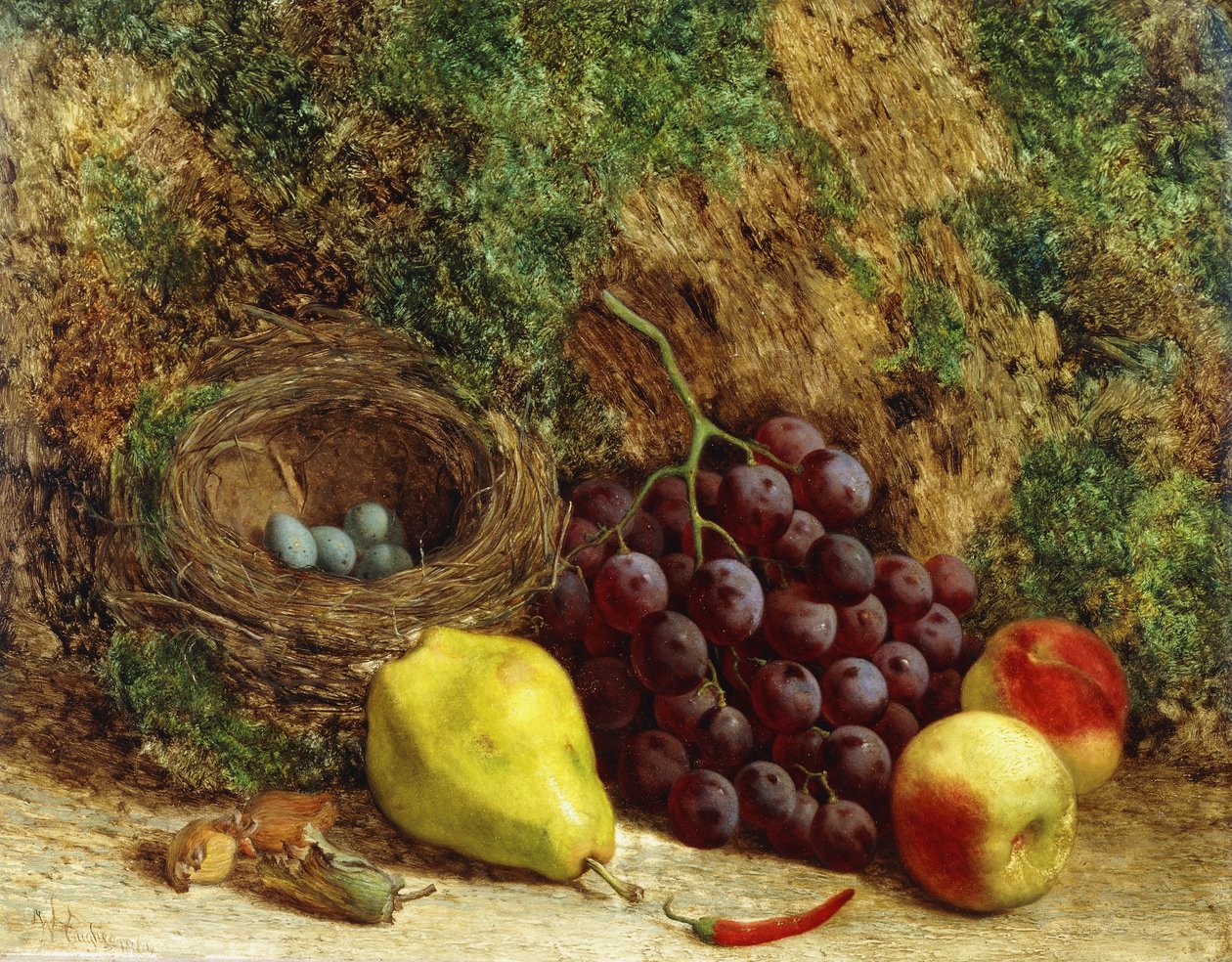 Szőlő, körte, őszibarack és madárfészek a mohaparton, 1864 alkotó: William Hughes