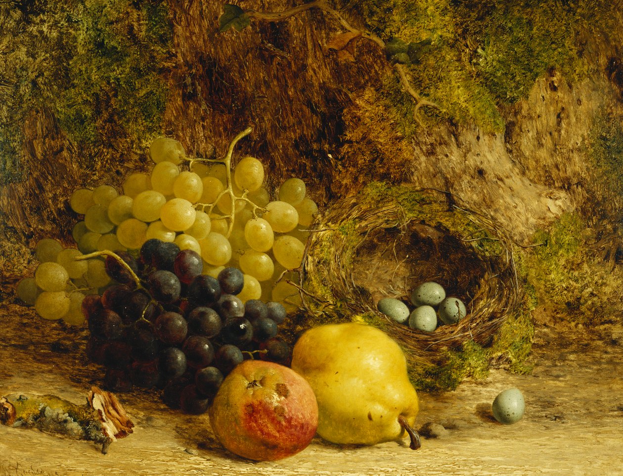 Szőlő, alma, körte és madárfészek a mohás parton, 1865 alkotó: William Hughes