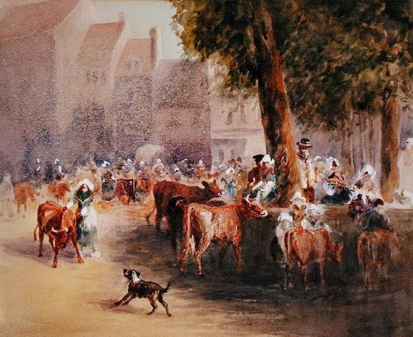 Kora reggel a falusi marhapiacon (akvarell papíron) alkotó: William Hunt