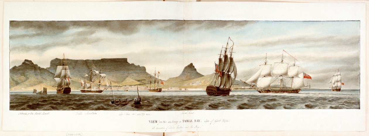 Hajóraj a Table Bay-i horgonyzóhelyről, Jóreménység-fok, 18. század vége-19. század eleje (akvarell) alkotó: William Innes Pocock