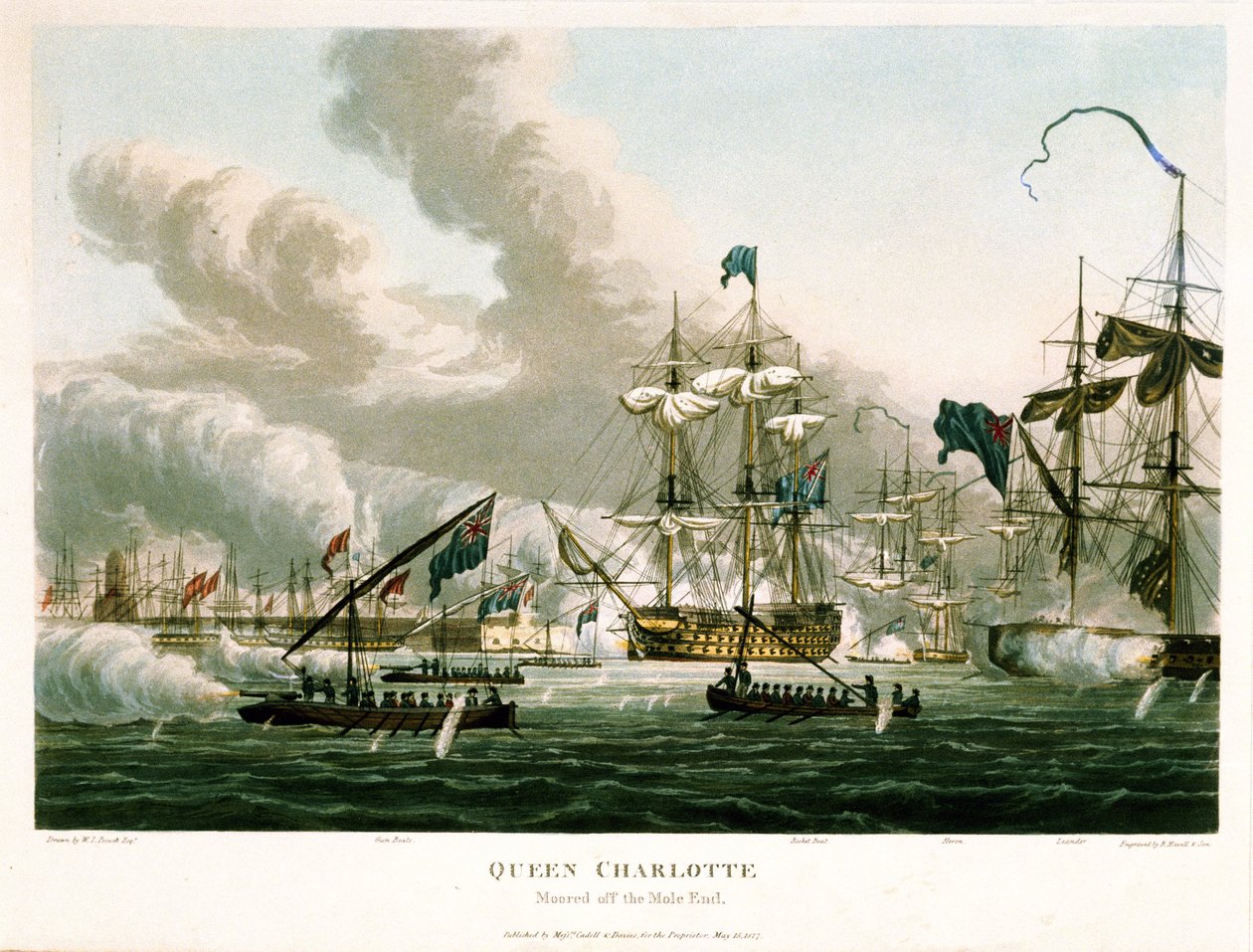 A "Queen Charlotte" a Mole előtt horgonyzott Algír (Algéria) bombázása idején, 1816. augusztus 27-én. Színes metszet, május 15. alkotó: William Innes Pocock