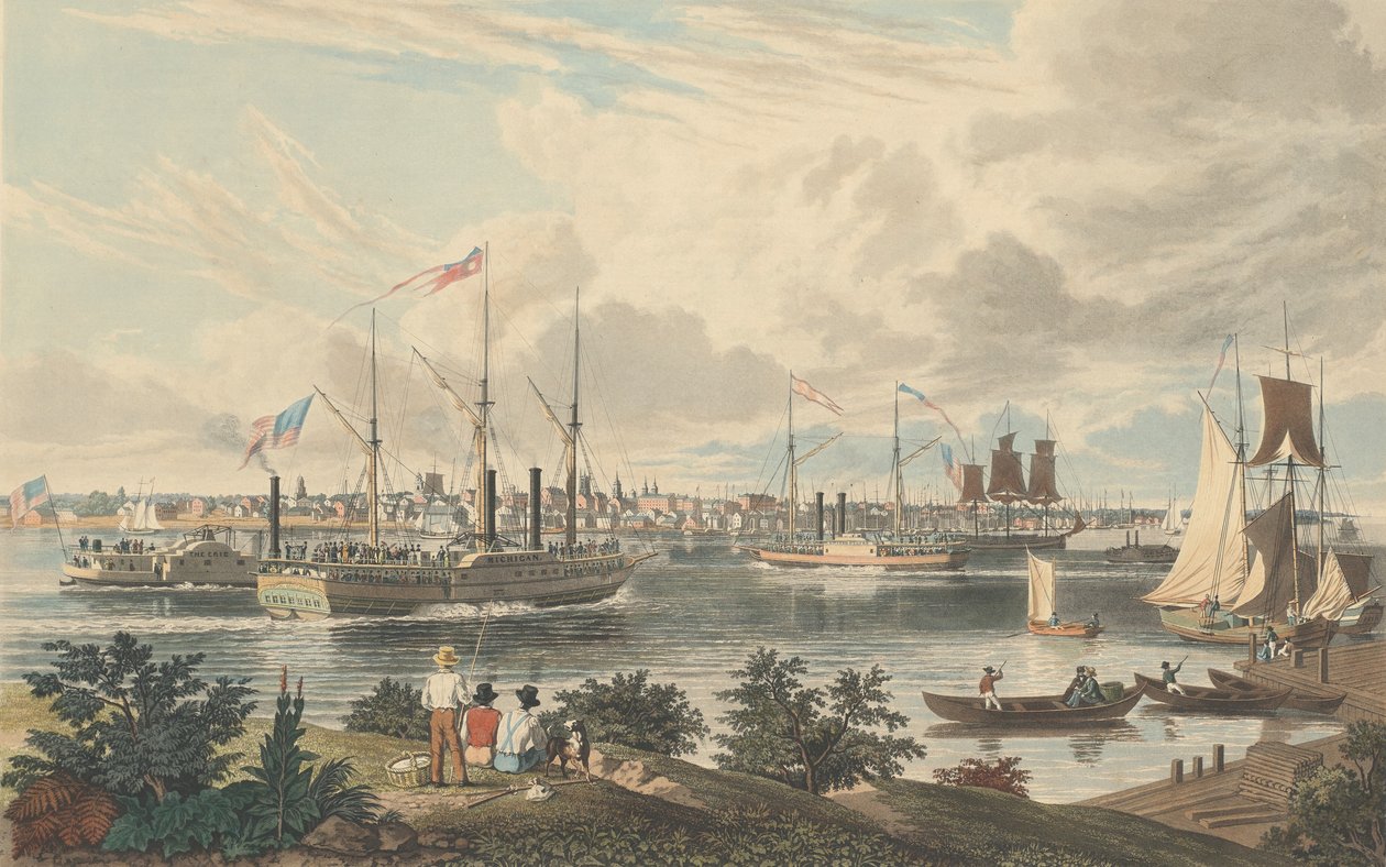 Detroit városa, Michigan: A Kanada partjáról, a komp közelében, 1837-ben jelent meg. alkotó: William James Bennett