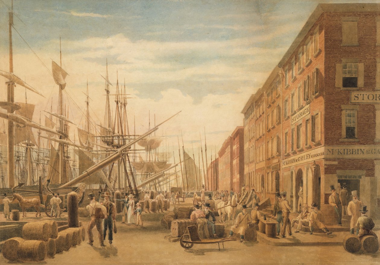 Kilátás a South Streetre, a Maiden Lane-ről, New York City, kb. 1827. alkotó: William James Bennett