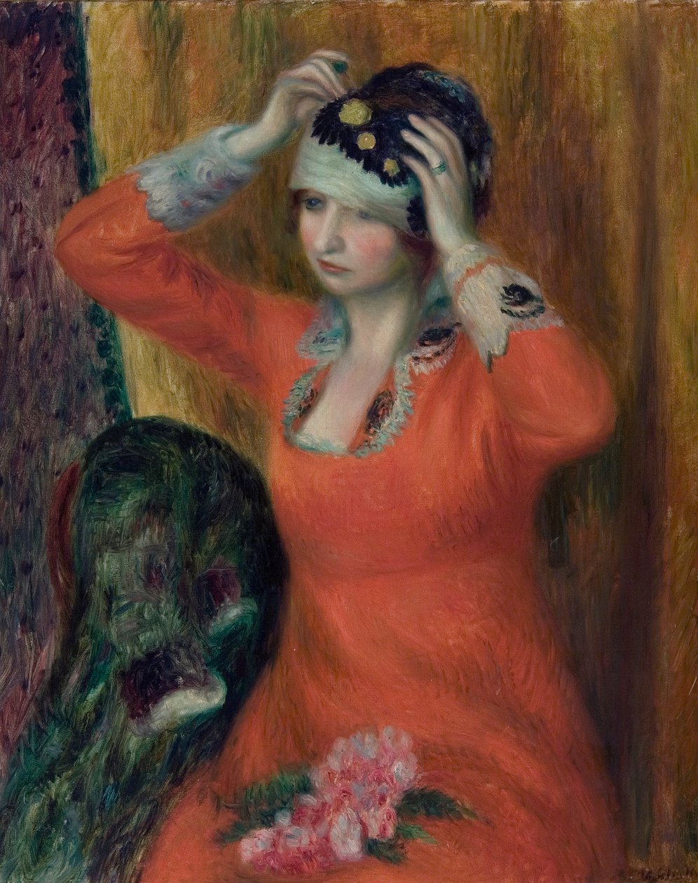 Piros ruhás lány kalapra tűzve alkotó: William James Glackens