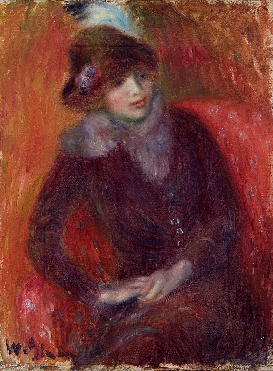 Ülő nő szőrme nyakrésszel és piros háttérrel alkotó: William James Glackens