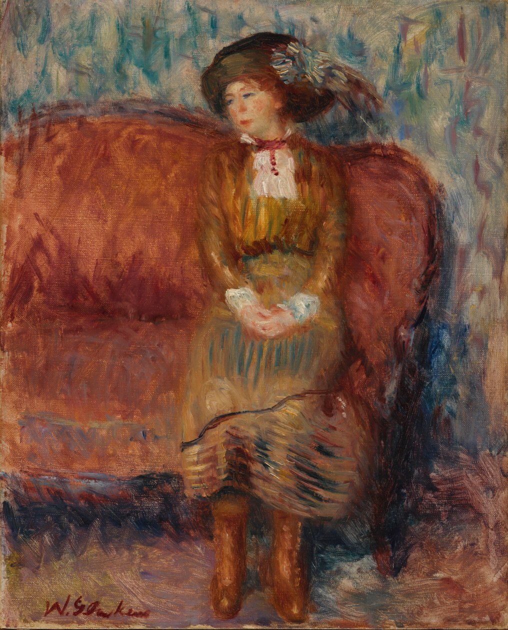 Nő ül a piros kanapén alkotó: William James Glackens