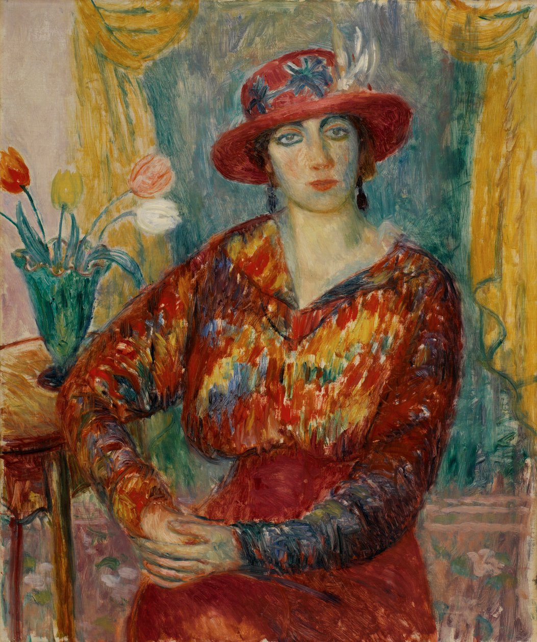 Piros blúzos tulipános nő alkotó: William James Glackens