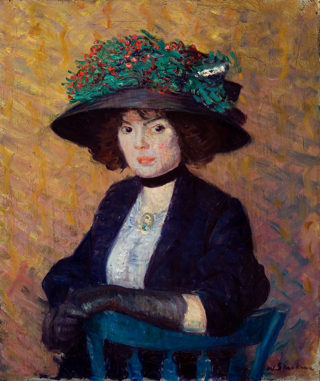 Nő zöld kalapban alkotó: William James Glackens