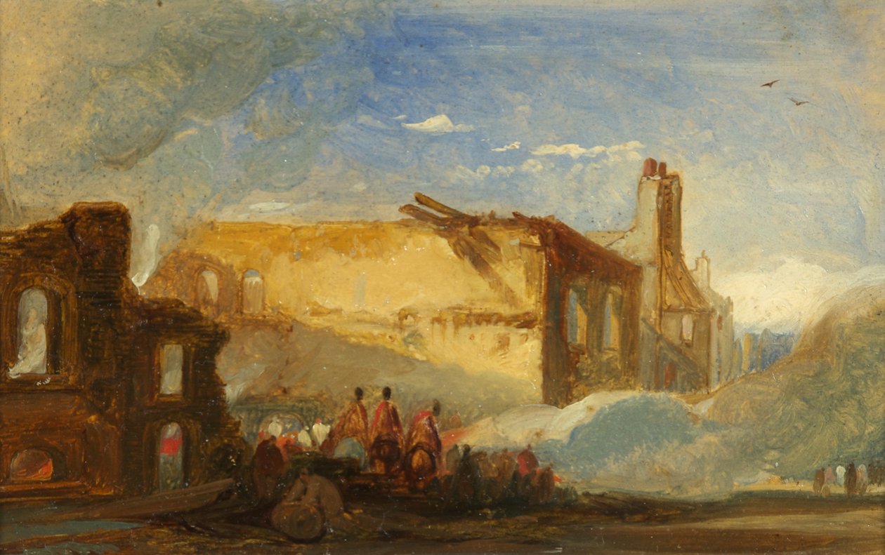 Bristol Riots: Ruins of Warehouses in Prince Street, lovas csapatokkal, 1831 körül (olaj, papír) alkotó: William James Muller