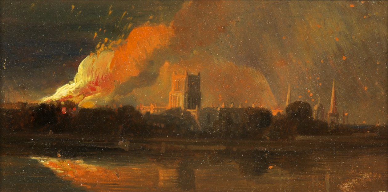 Bristoli zavargások: A püspöki palota felgyújtása, 1831 körül (olaj, papír) alkotó: William James Muller