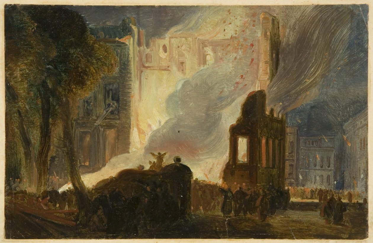 Bristol Riots: The Burning of the Mansion House, Queen Square, 1831 körül (olaj, papír) alkotó: William James Muller