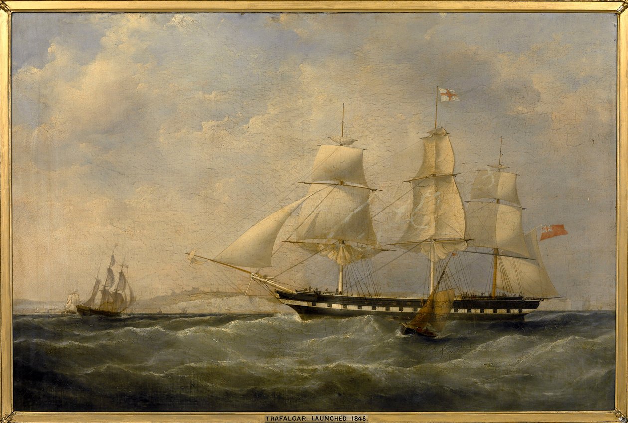 A "Trafalgar" nevű indián hajó, Dover (Anglia) partjainál, 1848-ban épült Blackwallban (Anglia), a Londonból Kalkuttába (India) tartó útra. alkotó: William John Huggins