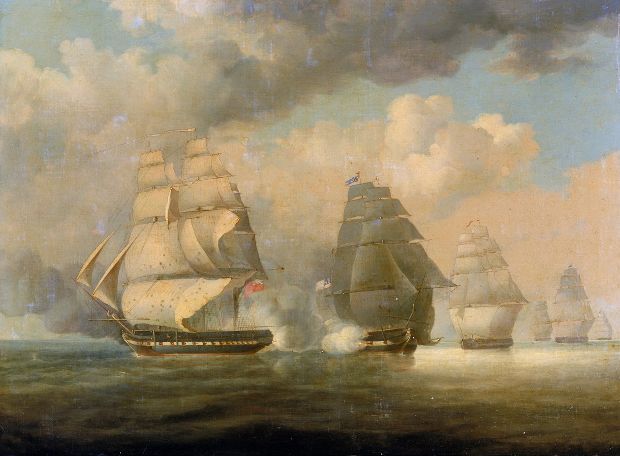 A HMS "Belvidera" menekülése, 1812. június 23., a Connecticut állambeli New London partjainál, kilenc nappal az 1812-es angol-amerikai (angol-amerikai) háború vagy második függetlenségi háború (1812-1815) kitörése után. alkotó: William John Huggins