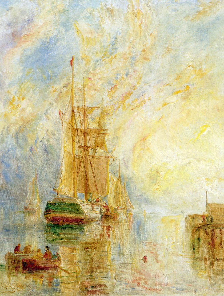Hajó a kikötőben, naplemente (olaj, vászon) alkotó: William Joseph J.C. Bond