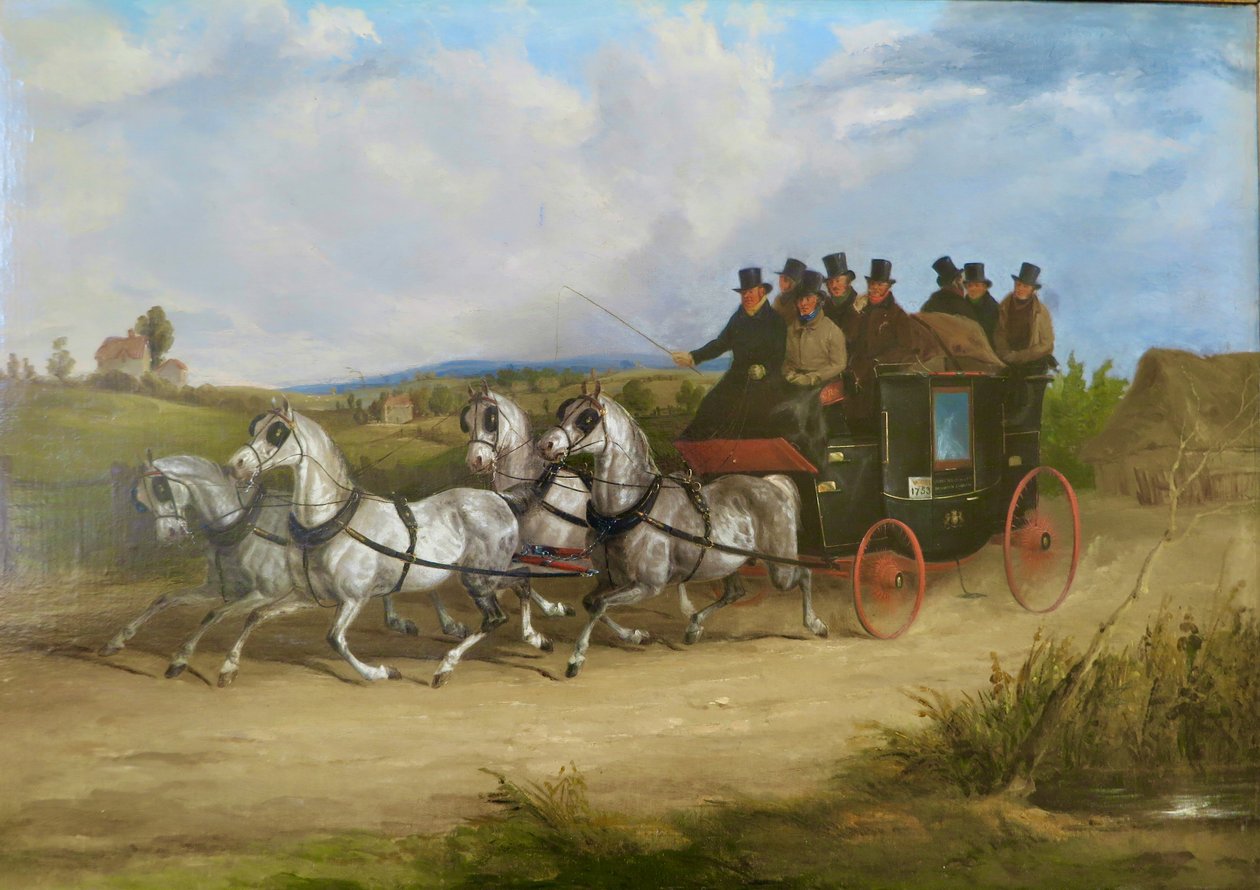 A Londonból Brightonba tartó postakocsi, amelyet egy csapat szürke ló húz (olaj, vászon) alkotó: William Joseph Shayer