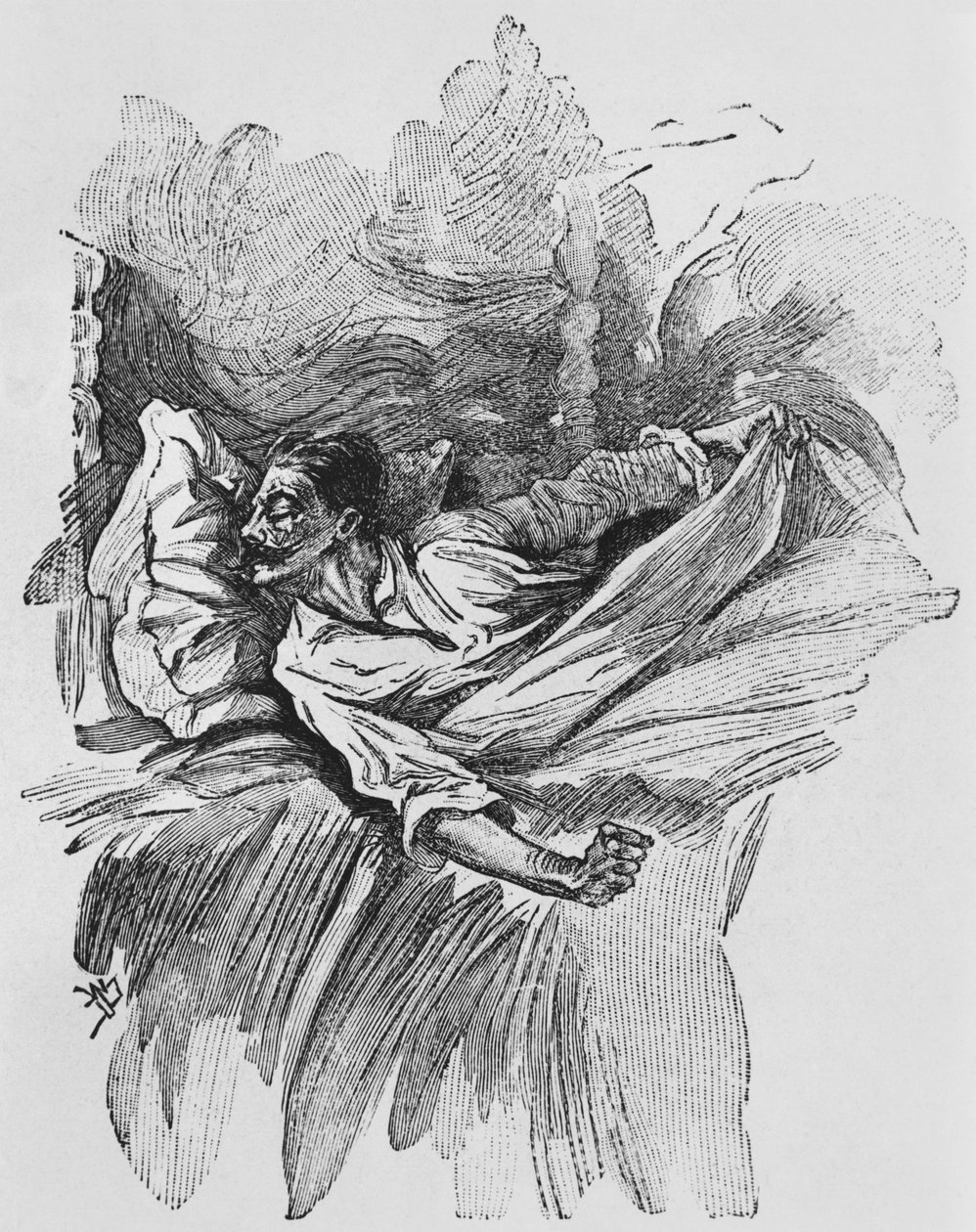 Rémálom, Guy de Maupassant (1850-93) „Le Horla” című művéből készült illusztráció, Georges Lemoine, Párizs, Editions Albin Michel, 1910 körül (fametszet) alkotó: William Julian Damazy