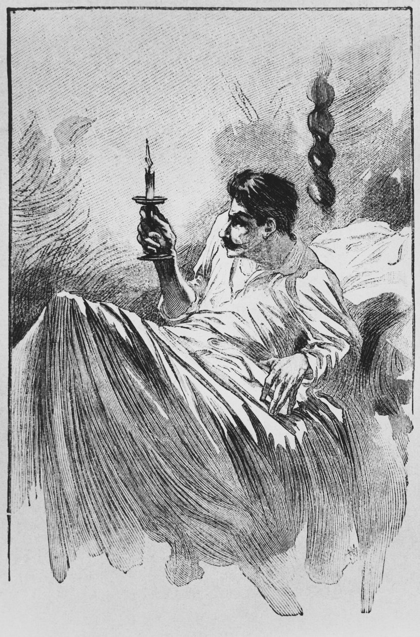 A narrátor az ágyban, illusztráció Guy de Maupassant (1850-93) „Le Horla” című művéből, Georges Lemoine metszete, Párizs, Albin Michel kiadása, 1910 körül (fametszet) alkotó: William Julian Damazy