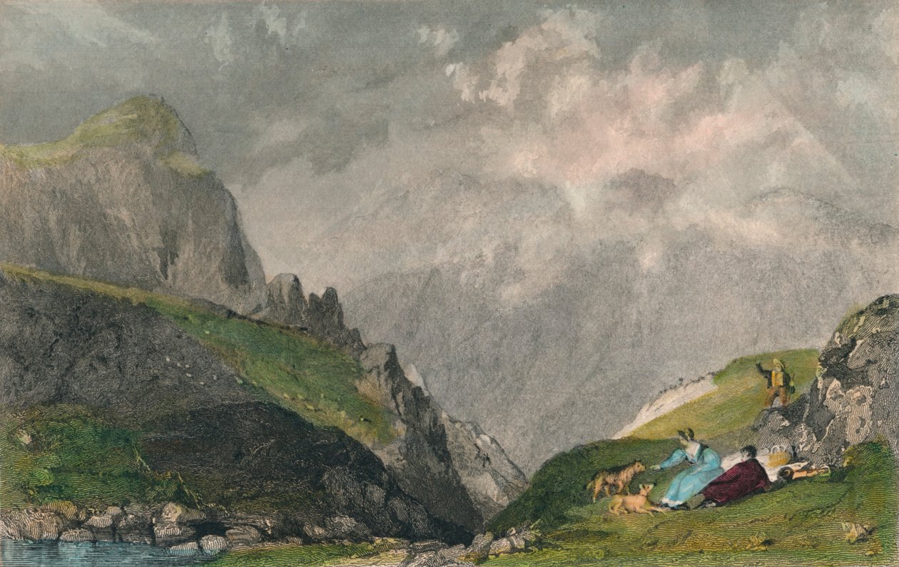 "Kilátás a Langdale Pikes felől, Bowfell felé nézve, Westmorland", 1835 alkotó: William Kelsall