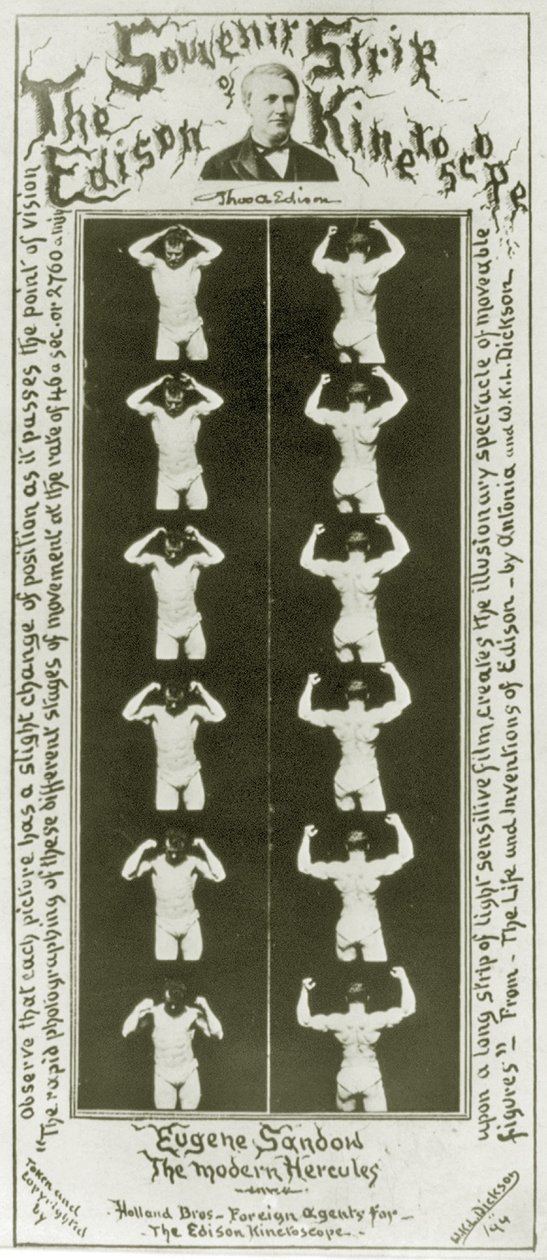 Az Edison Kinetoscope Eugene Sandow szuvenírcsíkja, a modern Hercules, 1894 körüli bw fotó alkotó: William Kennedy Laurie Dickson