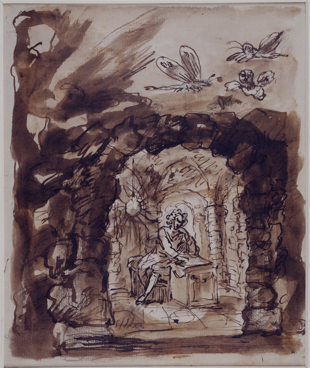 Alexander Pope a barlangjában, 1730 körül (Papíron, ceruzával barna mosású toll és tinta) alkotó: William Kent