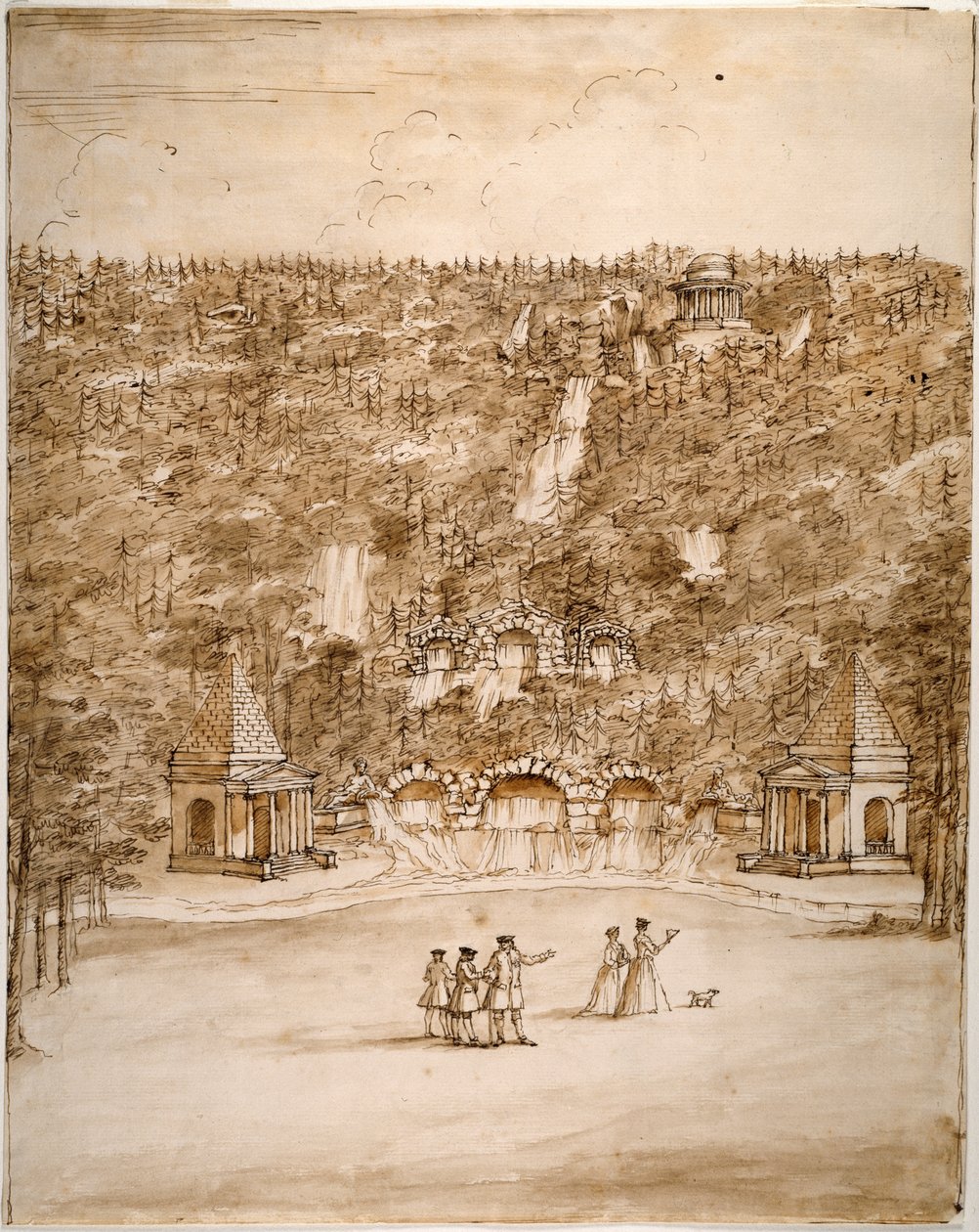 Chatsworth: Cascade tervezése, 1740-es évek eleje (toll és barna tinta, barna mosás ceruzával papíron) alkotó: William Kent